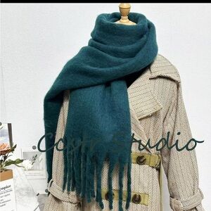 Teal Mohair Tassel Scarf: Winter Shawl